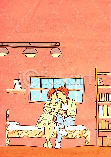 사랑 남자 두명 여자 PSD 일러스트 데이트 방 선반 조명 창문 책 책장 침대 커플 키스