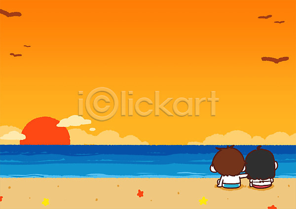 남자 두명 어린이 여자 PSD 뒷모습 일러스트 바다 바캉스 여름휴가 일몰 해변