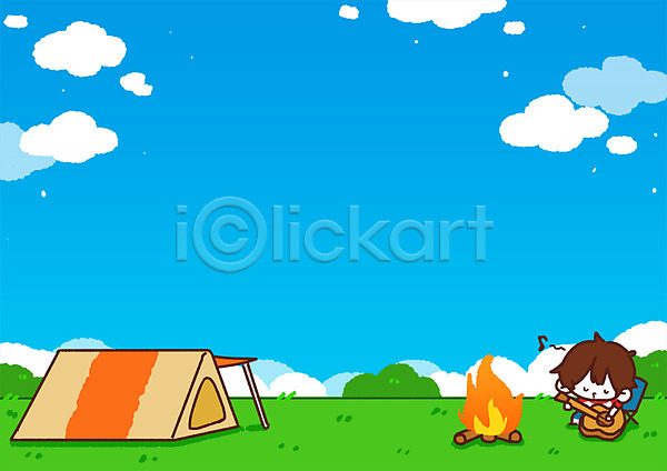 남자 어린이 한명 PSD 일러스트 구름(자연) 기타 모닥불 바다 바캉스 여름휴가 캠핑 텐트