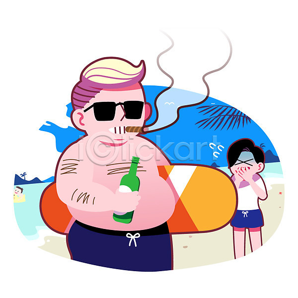 남자 성인 세명 AI(파일형식) 일러스트 담배 바캉스 선글라스 술병 야외 여름(계절) 여름휴가 예절 주간 튜브 해변 흡연