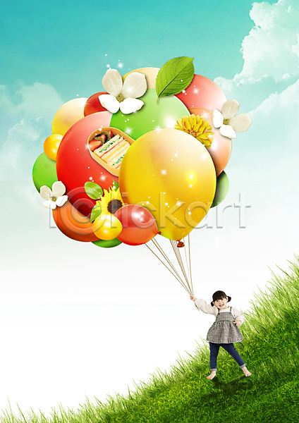 소녀(어린이) 한국인 한명 PSD 편집이미지 구름(자연) 꽃 나뭇잎 도시락 레몬 샌드위치 유기농 음식 잔디 편집 풍선 하늘