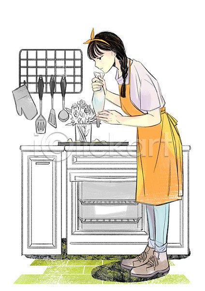 성인 여자 한명 PSD 일러스트 라이프스타일 앞치마 오븐 요리 전신 제빵 주방용품 짤주머니 취미