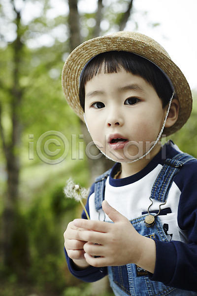천진난만 소년 소년만 어린이 한국인 한명 JPG 앞모습 포토 들기 민들레홀씨 밀짚모자 상반신 서기 숲 야외 야외활동 어린이라이프 주간