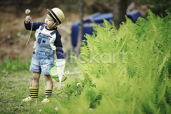 천진난만 체험학습 소년 소년만 어린이 한국인 한명 JPG 앞모습 포토 들기 민들레홀씨 서기 숲 야외 야외활동 어린이라이프 전신 주간