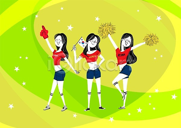 섹시 성인 세명 여자 PSD 일러스트 올림픽 응원 응원단 응원복 태극기