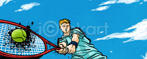 역동적 남자 성인 한명 PSD 로우앵글 일러스트 구름(자연) 다이나믹 모션 생동감 스포츠 테니스 테니스공 테니스라켓 포즈 하늘