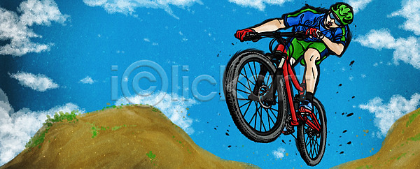 역동적 남자 성인 한명 PSD 로우앵글 일러스트 구름(자연) 다이나믹 모션 산악자전거 생동감 스포츠 자전거 포즈 하늘 헬멧