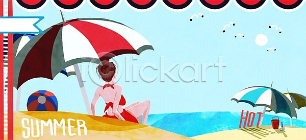 성인 여자 한명 PSD 일러스트 갈매기 모종삽 바구니 바다 바캉스 백그라운드 비치볼 비키니 야외 여름(계절) 여름휴가 주간 파라솔 해변