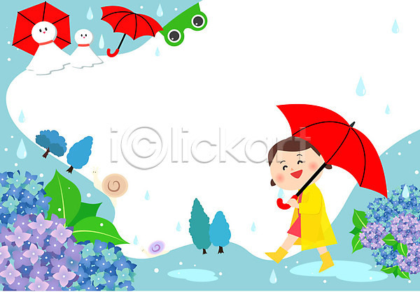 성인 여자 한명 AI(파일형식) 일러스트 프레임일러스트 나무 문화 수국 우비 우산 이벤트 일본문화 장마 장화 프레임