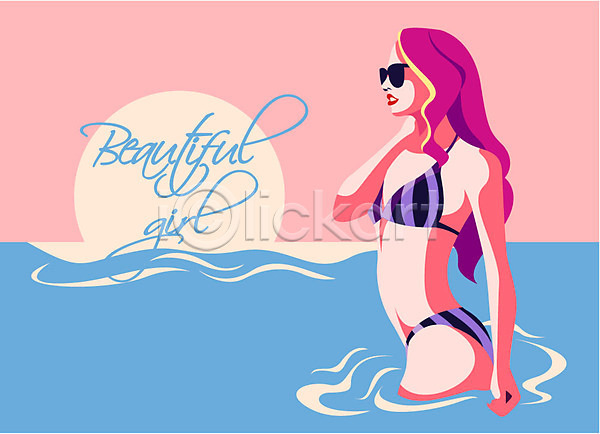 성인 여자 한명 AI(파일형식) 일러스트 몸매 뷰티 선글라스 수영복 여신 포스터 해변 화장