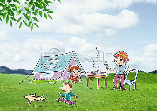 남자 성인 세명 어린이 여자 AI(파일형식) 포토일러 가족 강아지 구름(자연) 나뭇잎 달리기 반려 요리 의자 잔디 캠핑 탁자 텐트 하늘