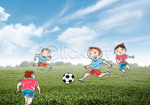 남자 어린이 여러명 AI(파일형식) 포토일러 구름(자연) 달리기 드리블 운동 잔디 축구 축구공 하늘