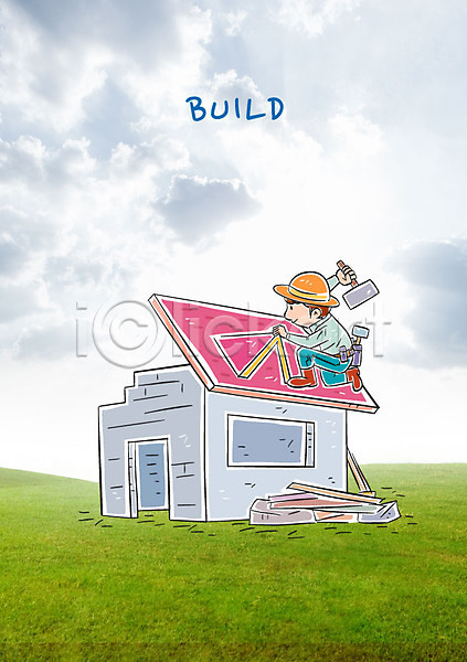남자 성인 한명 AI(파일형식) 포토일러 건축 건축가 구름(자연) 노동자 망치 망치질 앉기 잔디 주택 지붕 하늘