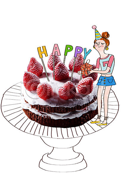 성인 여자 한명 PSD 편집이미지 고깔(모자) 디저트 생일케이크 선물상자 케이크