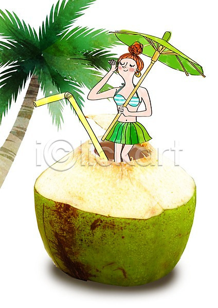 성인 여자 한명 PSD 편집이미지 디저트 야자수 양산 코코넛 코코넛주스