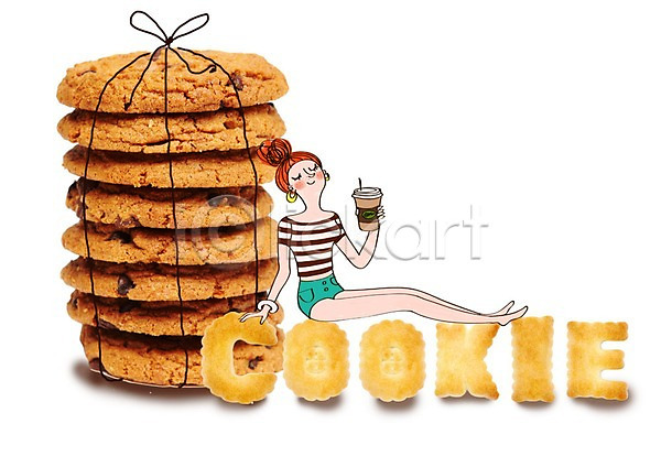 성인 여자 한명 PSD 편집이미지 디저트 리본 여름음식 초코칩쿠키 커피 쿠키