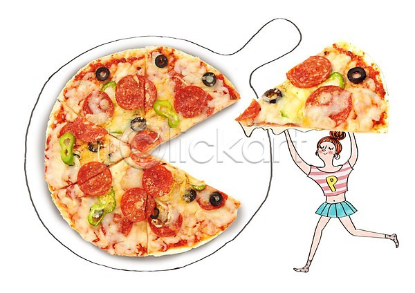 성인 여자 한명 PSD 편집이미지 들기 패스트푸드 피자