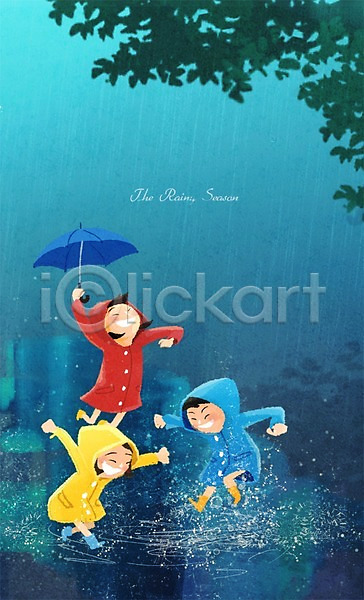 남자 세명 어린이 여자 PSD 일러스트 나뭇잎 날씨 비 우비 우산 장난 장마 장화