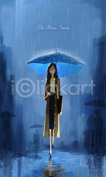 남자 성인 여러명 여자 PSD 일러스트 거리 날씨 비 야외 우산 장마