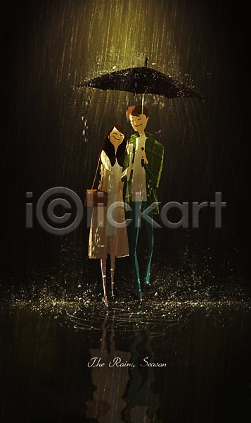 남자 두명 성인 여자 PSD 일러스트 날씨 비 우산 장마 커플