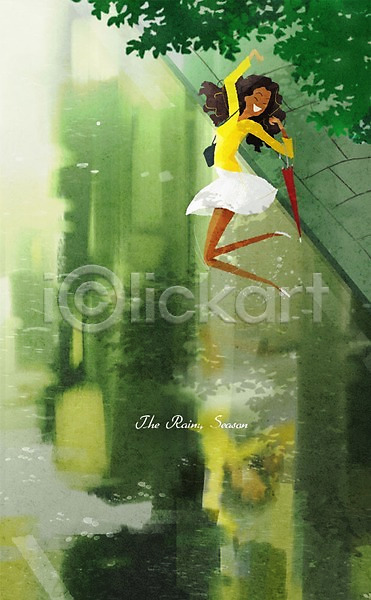 즐거움 성인 여자 PSD 일러스트 거리 날씨 비 우산 장마 점프