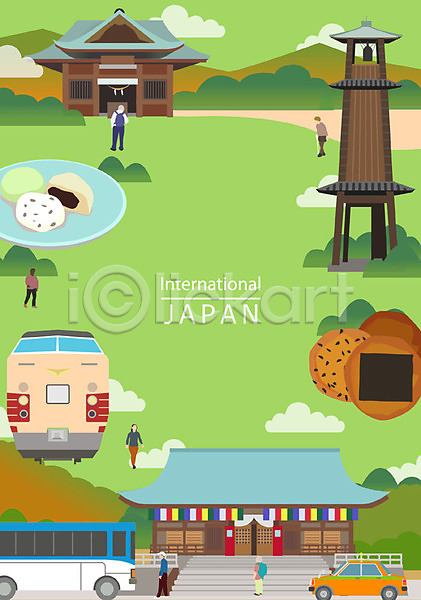 남자 성인 여러명 여자 AI(파일형식) 일러스트 프레임일러스트 관광지 기차 디저트 랜드마크 백그라운드 버스 센베 신사(일본건축) 일본 일본여행 절 종 택시 포스터