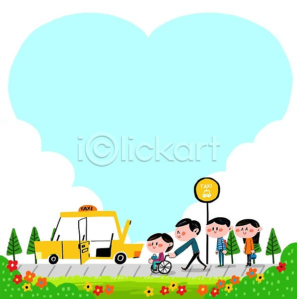 남자 성인 어린이 여러명 여자 PSD 일러스트 프레임일러스트 구름(자연) 꽃 나무 장애인 택시 택시기사 택시승강장 휠체어
