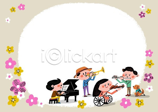 남자 성인 여러명 여자 PSD 일러스트 프레임일러스트 건반 꽃잎 바이올린 시각장애인 악기 안내견 장애인 트럼펫 피아노(악기) 합주 휠체어