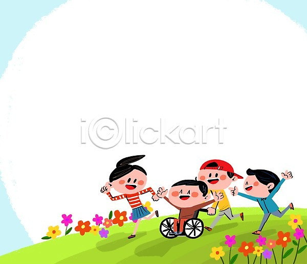 남자 어린이 여러명 여자 PSD 일러스트 프레임일러스트 꽃잎 달리기 장애인 초원(자연) 휠체어