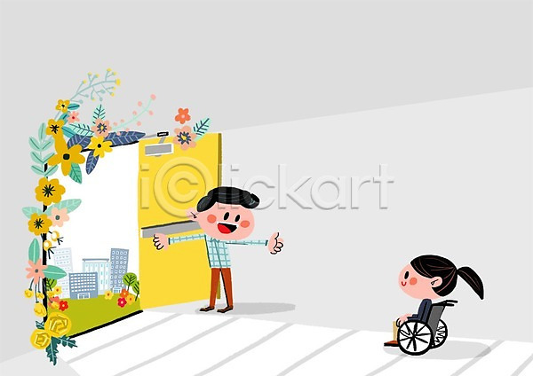 남자 두명 성인 여자 PSD 일러스트 프레임일러스트 꽃잎 문 빌딩 장애인 휠체어