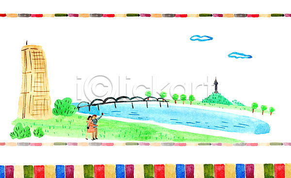 남자 두명 성인 여자 PSD 일러스트 63빌딩 관광지 구름(자연) 국내여행 남산타워 다리 한강