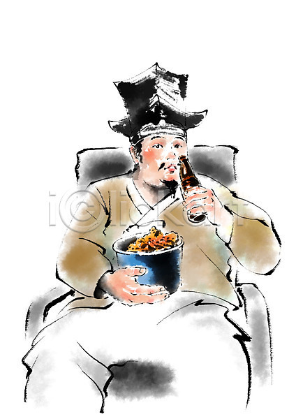 남자 성인 한명 PSD 일러스트 맥주 앉기 양반 양반갓 의자 캘리그라피 팝콘 한국 한국문화 한국전통 한복 혼족