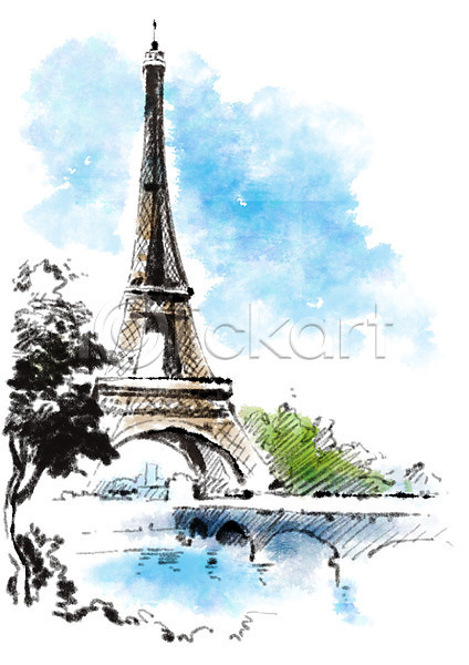 사람없음 PSD 일러스트 건축물 관광지 나무 다리(건축물) 도시 스케치 에펠탑 유럽여행(여행) 캘리그라피 프랑스