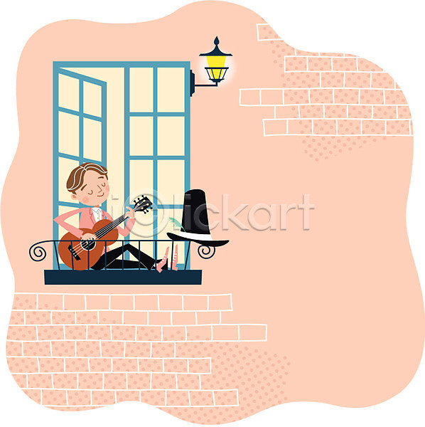남자 성인 한명 AI(파일형식) 일러스트 공연 기타 연주 음악 음악가 조명 창문