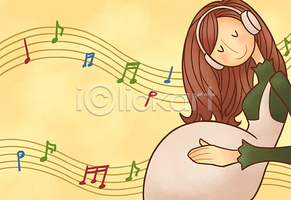 성인 여자 한명 PSD 일러스트 엄마 오선지 음악감상 음표 임산부 임신 태교 태교음악 헤드셋