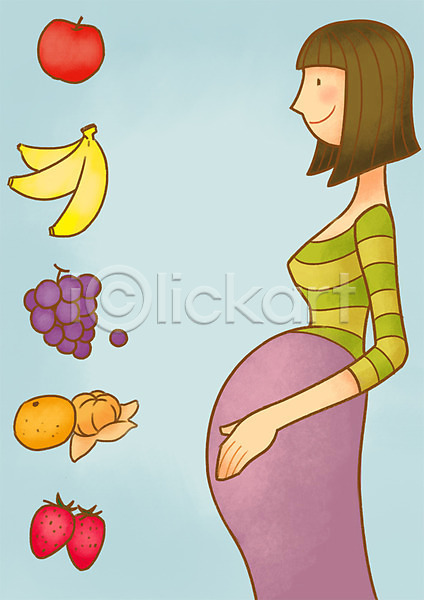 성인 여자 한명 PSD 일러스트 과일 귤 딸기 바나나 사과 엄마 임산부 임신 포도