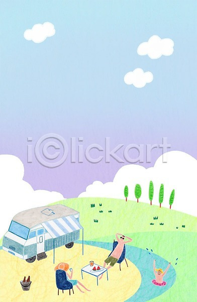 남자 성인 세명 어린이 여자 PSD 일러스트 강 구름(자연) 나무 바구니 의자 캠핑 캠핑도구 캠핑카 탁자 튜브