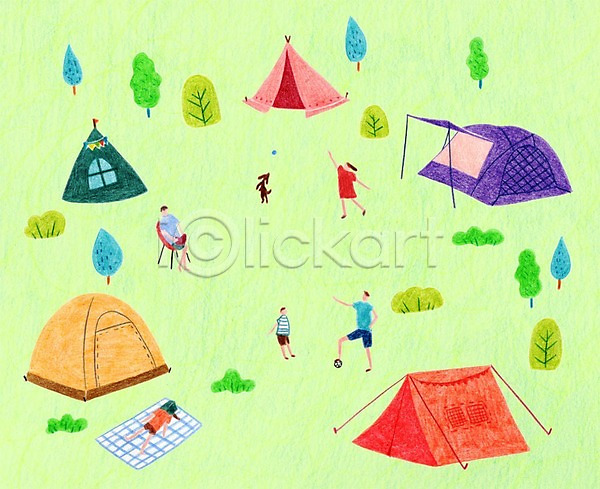 남자 성인 어린이 여러명 여자 PSD 일러스트 강아지 공 나무 돗자리 의자 캠핑 캠핑도구 텐트