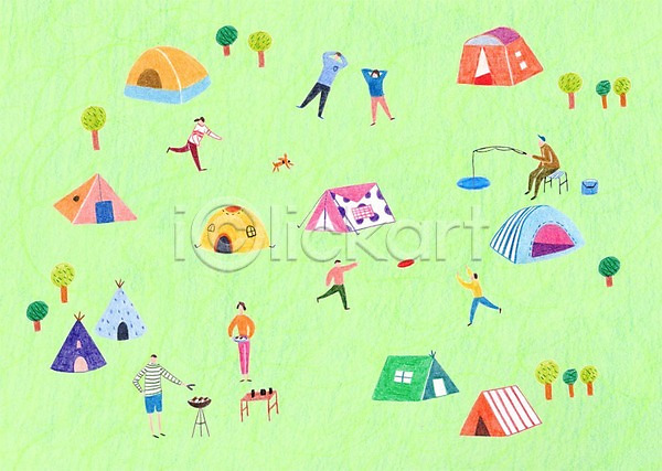 남자 성인 어린이 여러명 여자 PSD 일러스트 강아지 나무 낚싯대 바베큐그릴 원반던지기 캠핑 캠핑도구 캠핑장 텐트