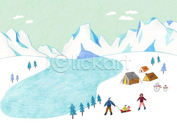 남자 성인 어린이 여러명 여자 PSD 일러스트 겨울 겨울캠프 나무 눈 눈사람 산 썰매 캠핑 캠핑도구 텐트 호수