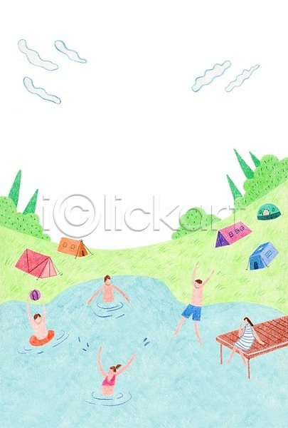남자 성인 어린이 여러명 여자 PSD 일러스트 강 구름(자연) 나무 물놀이 비치볼 캠핑 캠핑도구 텐트 튜브