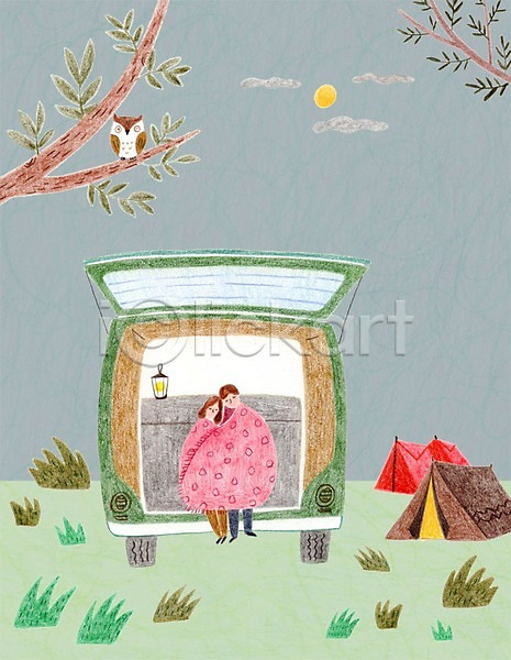 남자 두명 성인 여자 PSD 일러스트 구름(자연) 나무 달 담요 밤하늘 부엉이 캠핑 캠핑도구 캠핑카 커플 텐트