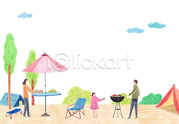 남자 성인 세명 어린이 여자 PSD 일러스트 가족 구름(자연) 나무 바베큐그릴 바비큐 야외테이블 의자 캠핑 캠핑도구 텐트 파라솔