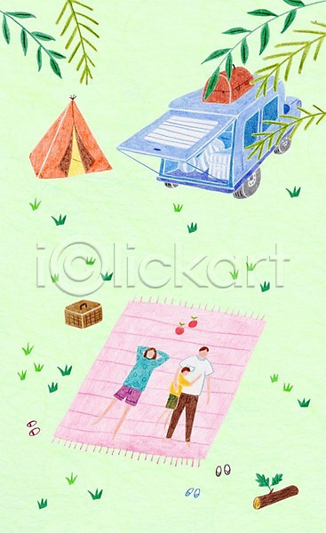 남자 성인 세명 어린이 여자 PSD 일러스트 가족 나뭇잎 눕기 돗자리 캠핑 캠핑도구 캠핑카 텐트 피크닉용품