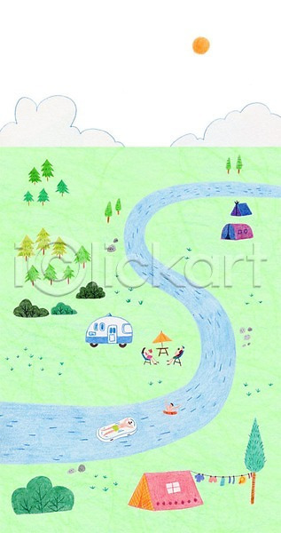 남자 성인 어린이 여러명 여자 PSD 일러스트 강 구름(자연) 나무 물놀이 캠핑 캠핑도구 캠핑카 태양 텐트 튜브 파라솔