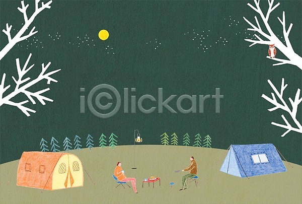 남자 두명 성인 여자 PSD 일러스트 나무 달 랜턴 부엉이 의자 캠핑 캠핑도구 탁자 텐트