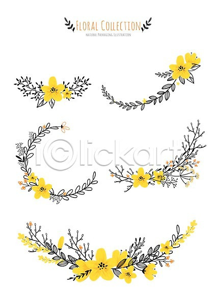 사람없음 PSD 일러스트 개나리 꽃 꽃백그라운드 라벨 세트 잎