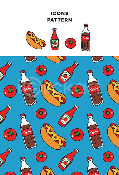 사람없음 AI(파일형식) 아이콘 음식 케첩 콜라 토마토 패턴 패턴백그라운드 핫도그