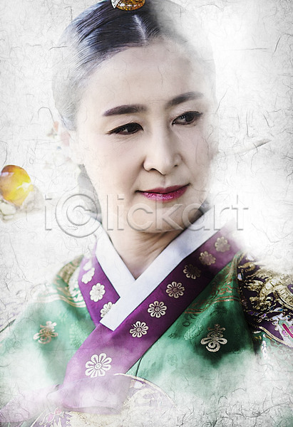 40대 성인 성인여자한명만 여자 한국인 한명 JPG 앞모습 편집이미지 디지털아트 사극 여왕 역사 왕족전통의상 전통 포스터 한복 한지배경