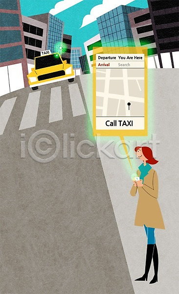 스마트 성인 여자 한명 PSD 일러스트 네비게이션 도로 도시 스마트기기 스마트폰 콜택시 택시